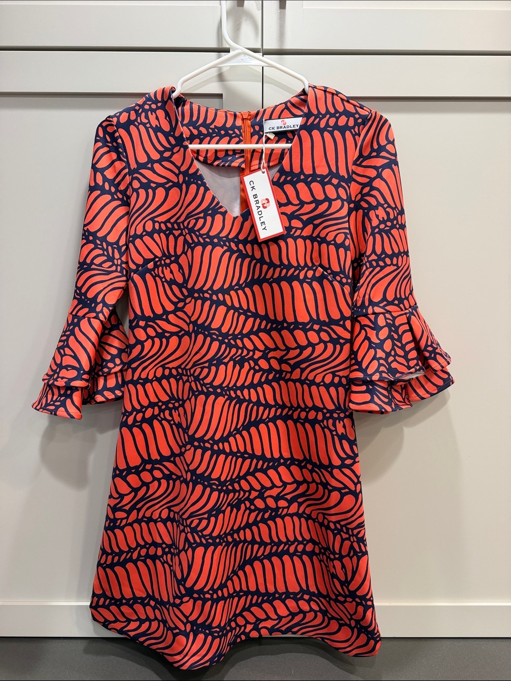 CK Bradley Coral & Navy Patterned Bell-Sleeve Dress NWT